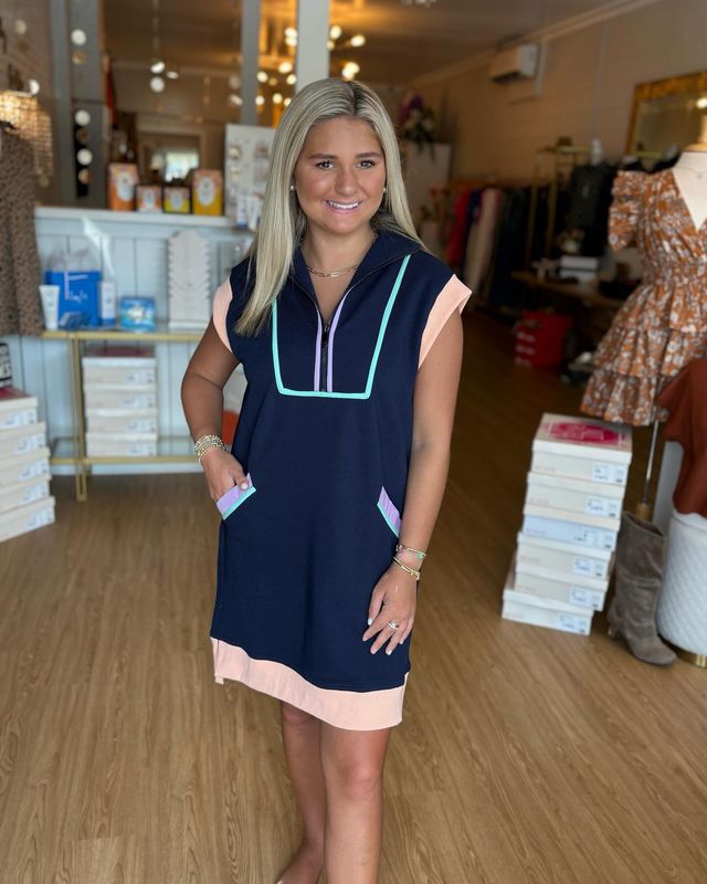 Navy Mix Collared Sleeveless Dress