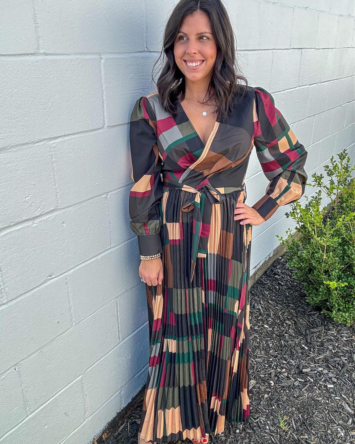 Multi Abstract Surplice Pleated Long Dress