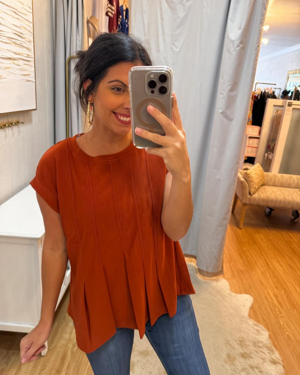 Rust Babydoll Top with Pleat Detail