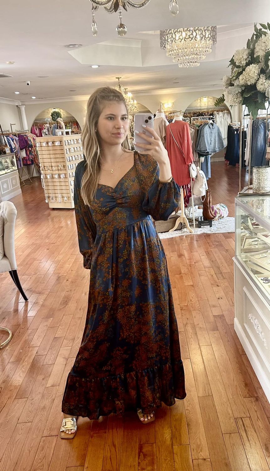 Teal/Mustard Sweetheart Sleeve Floral Maxi