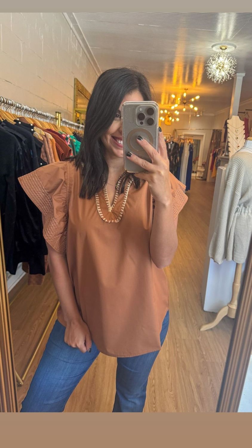 Solid Ruffled Sleeve Top with Contrast Stitching