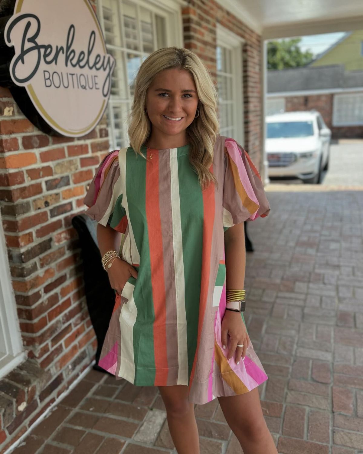 Multicolor striped bubble sleeve mini dress