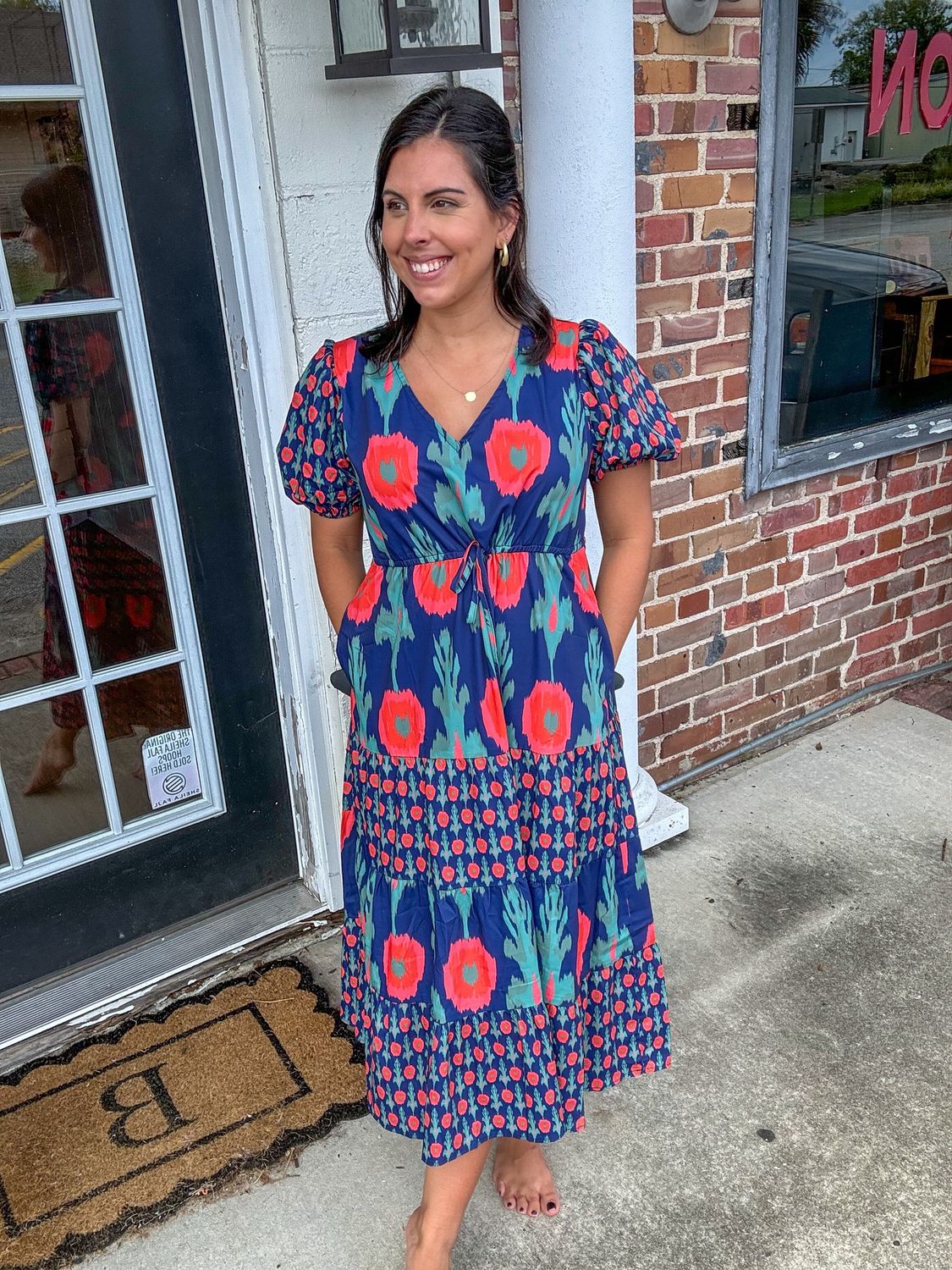 Navy Printed Dress with Tie Waist