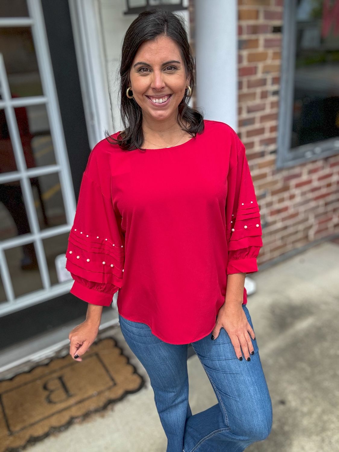 Red Blouse with Pearl Detailing on Sleeve