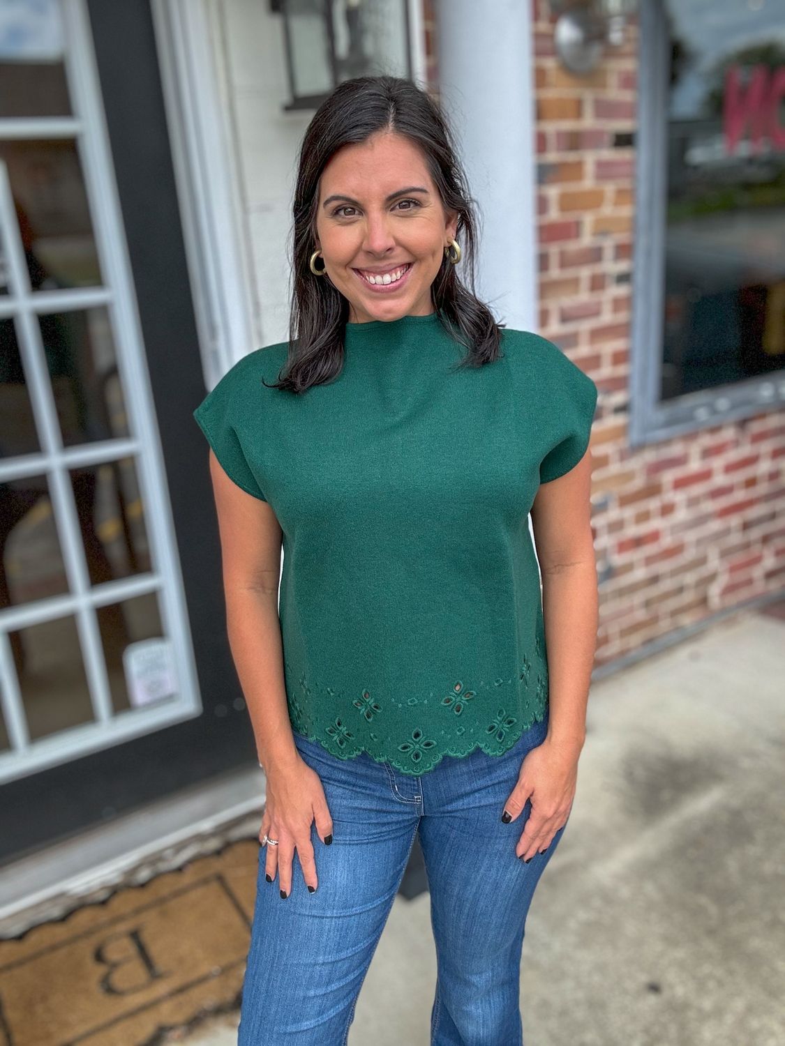 Hunter Green Mock Neck Short Sleeve Sweater with Laser Cut Trim