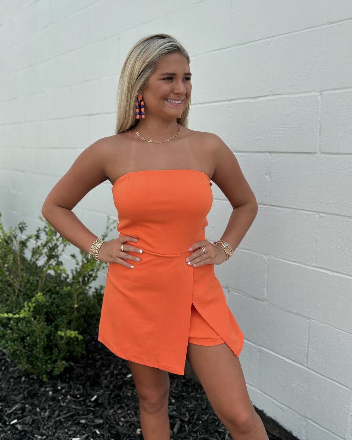 Saturday Tailgate, Orange Strapless Romper