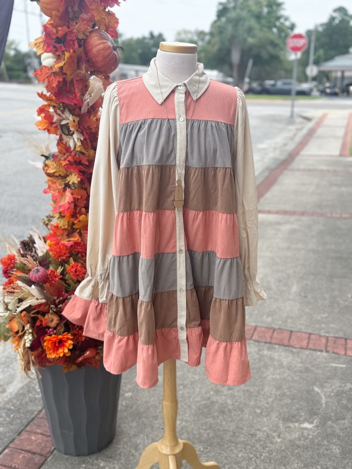 Salmon Colorblock Corduroy Dress
