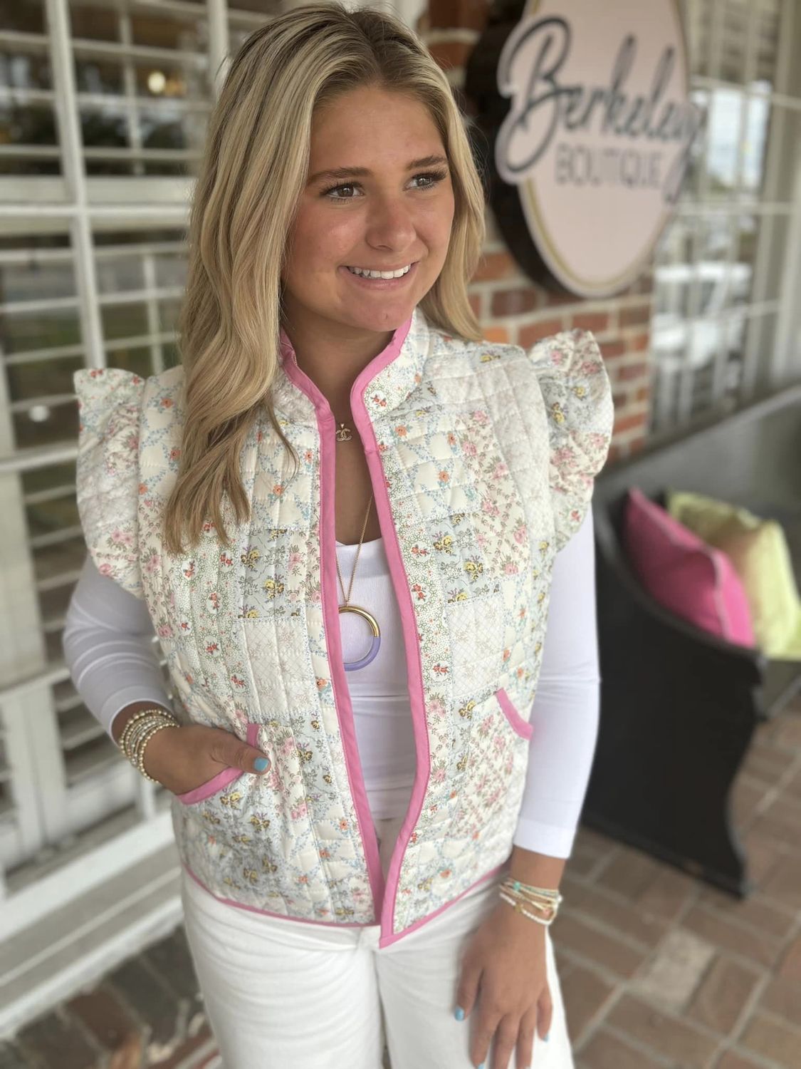 Floral Quilted Vest With Ruffle Sleeves