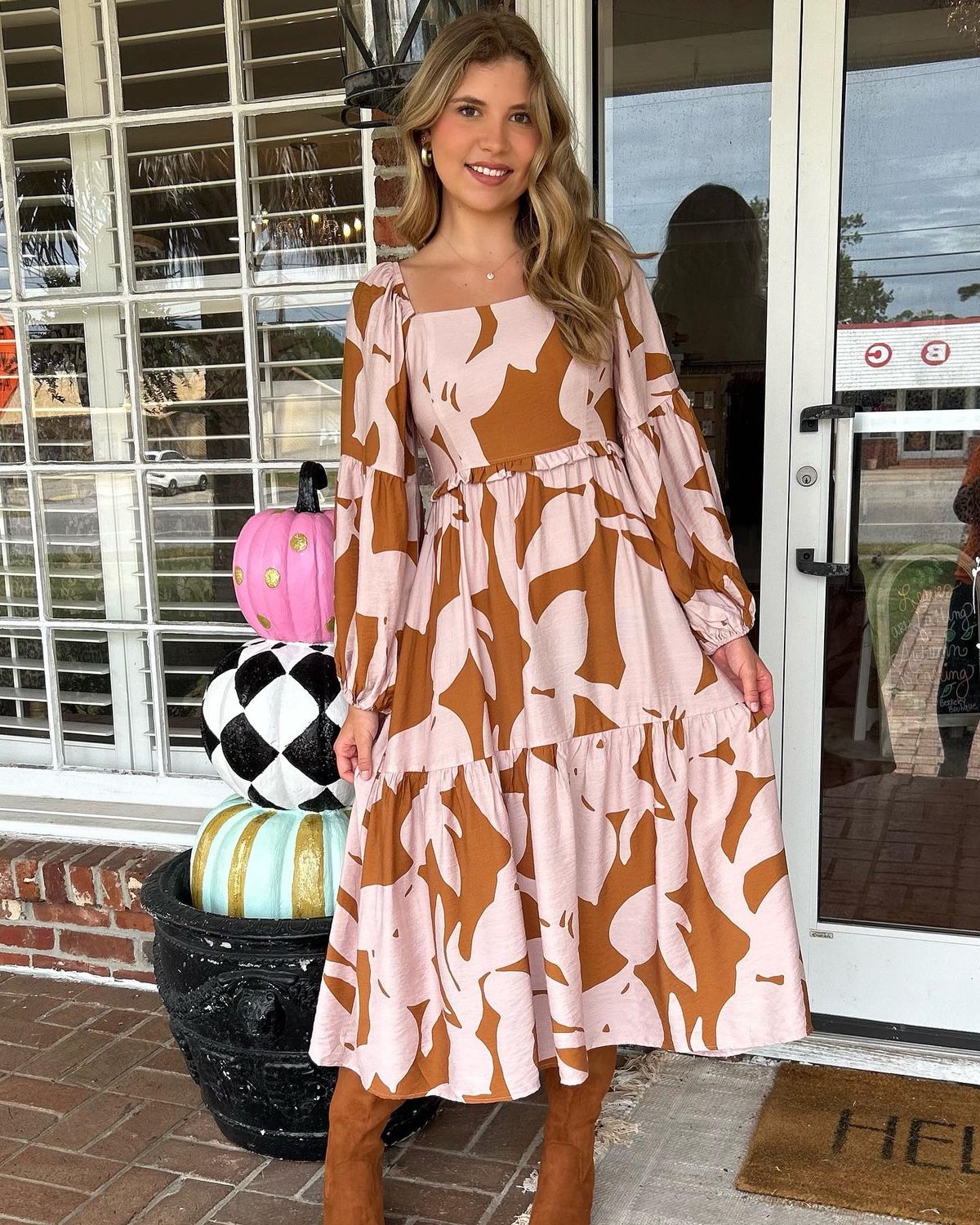 Pink and Brown Abstract Printed Midi