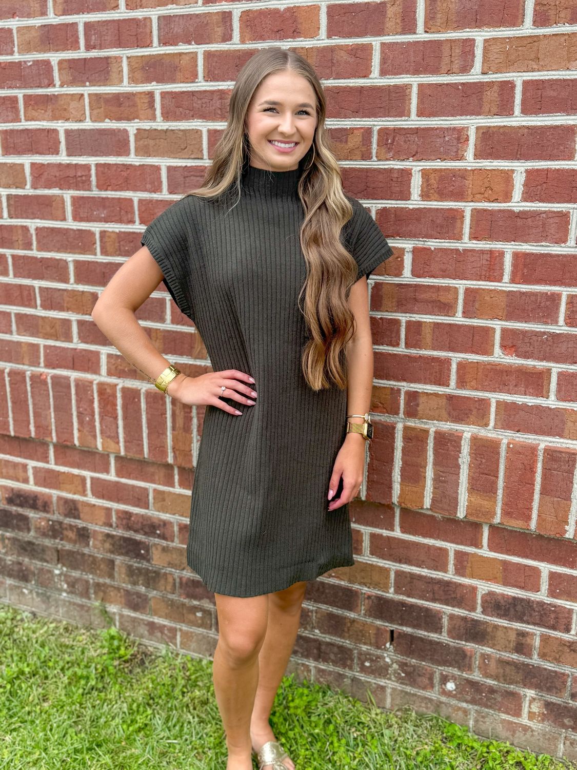 Falling for Olive, Drop Shoulder Mock Neck Sweater Dress in Olive