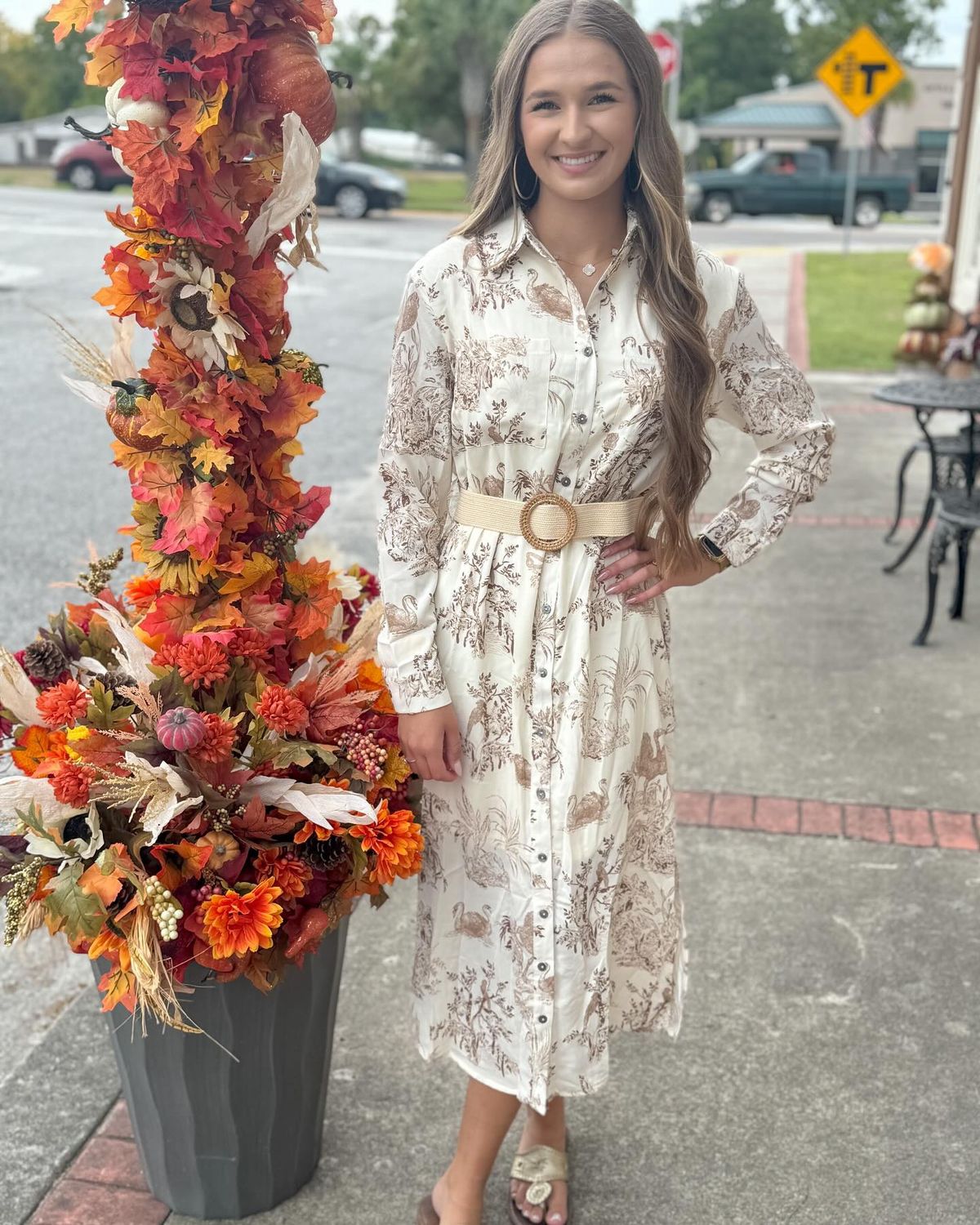 Give Thanks, Brown Floral Printed Dress with Belt