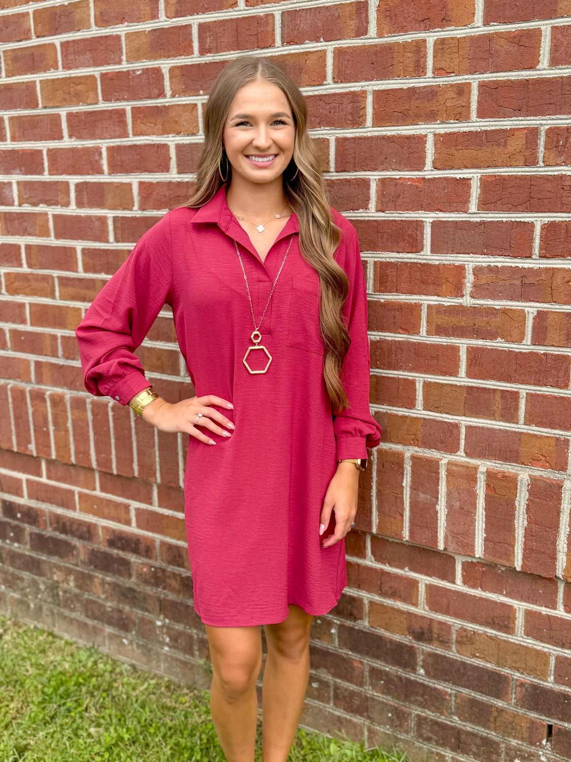 Something in the Air, Brick Red Collared Long Sleeve Dress