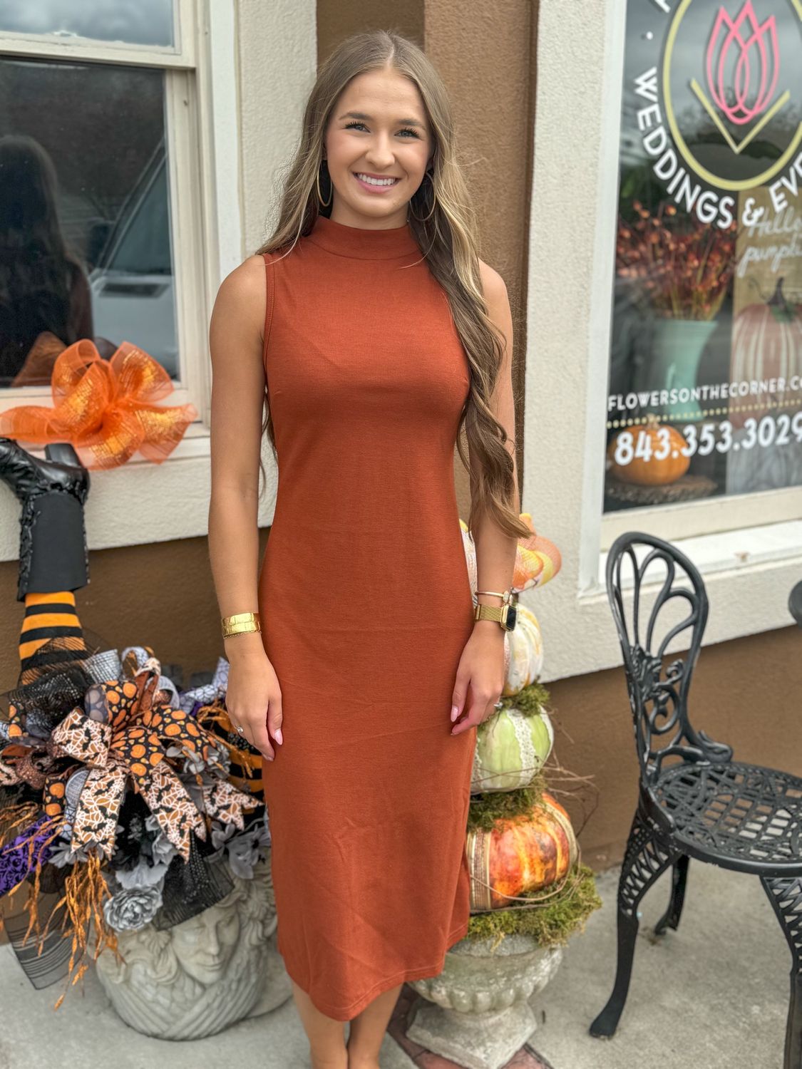 Hello Autumn, Rust Sleeveless Mock Neck Midi Dress