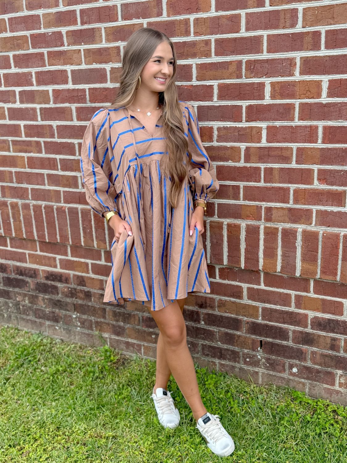Matter of Fact, Mocha Dress with Blue Pinstripe