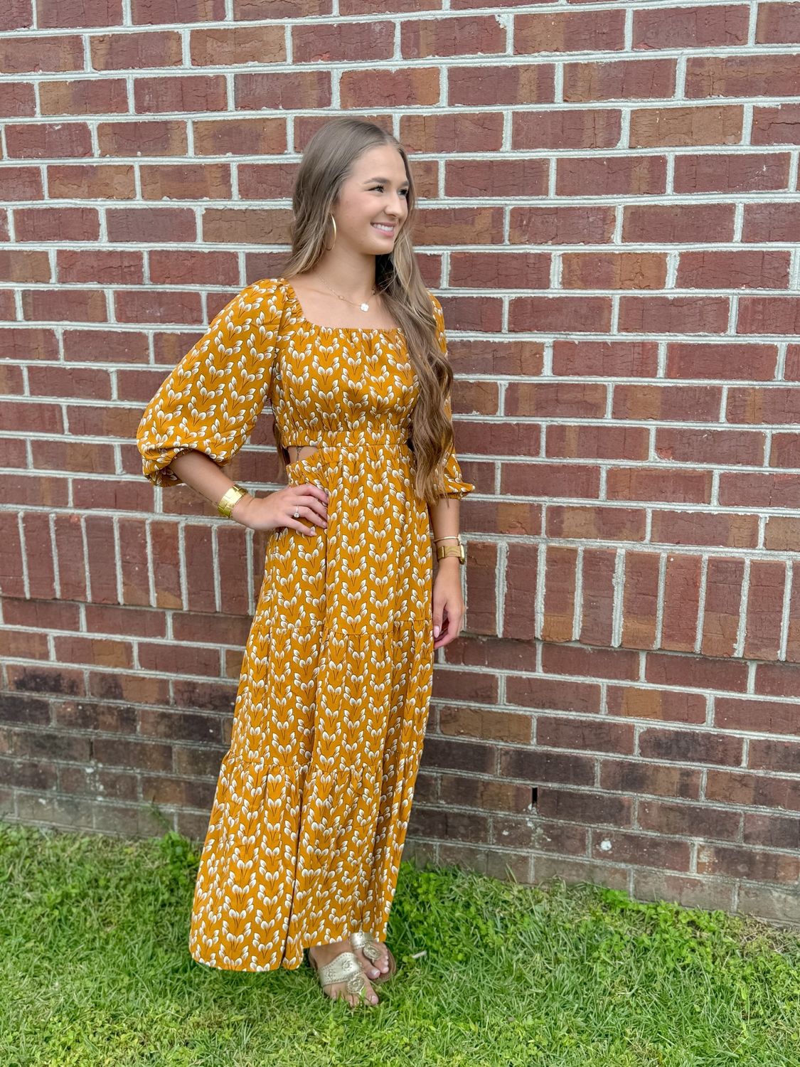Must Be Fall, 3/4 Sleeve Cut Out Waist Midi Dress