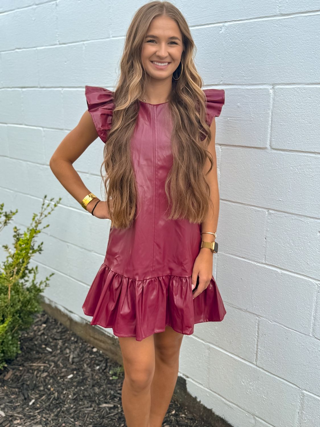 Garnet Leather Ruffle Dress