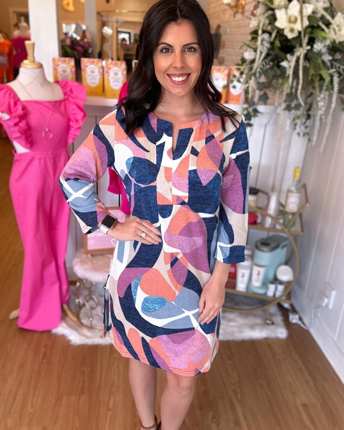 Never Better, Off White/Blue Split Neck Dress