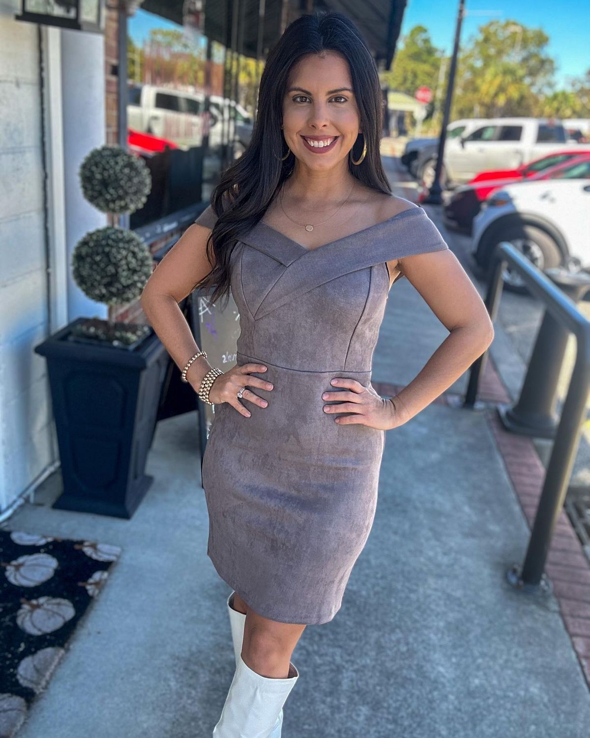 Ash Mocha Suede Off Shoulder Midi Dress
