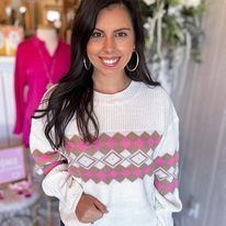 Pink Checkered Detail Print Sweater