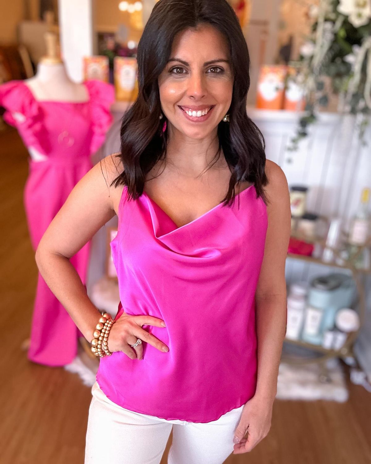 Magenta Pink Satin Cowl Neck Cami Top