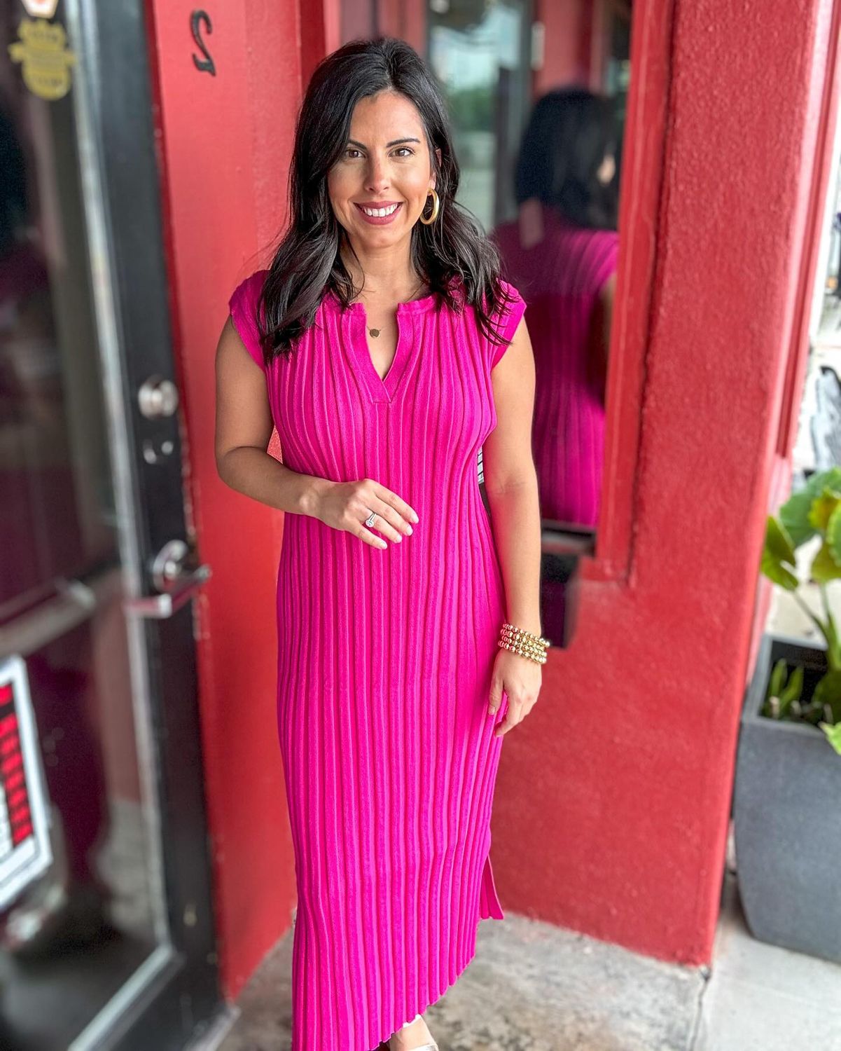 Answer the Call, Fuchsia Ribbed Split Neck Knitted Midi Dress