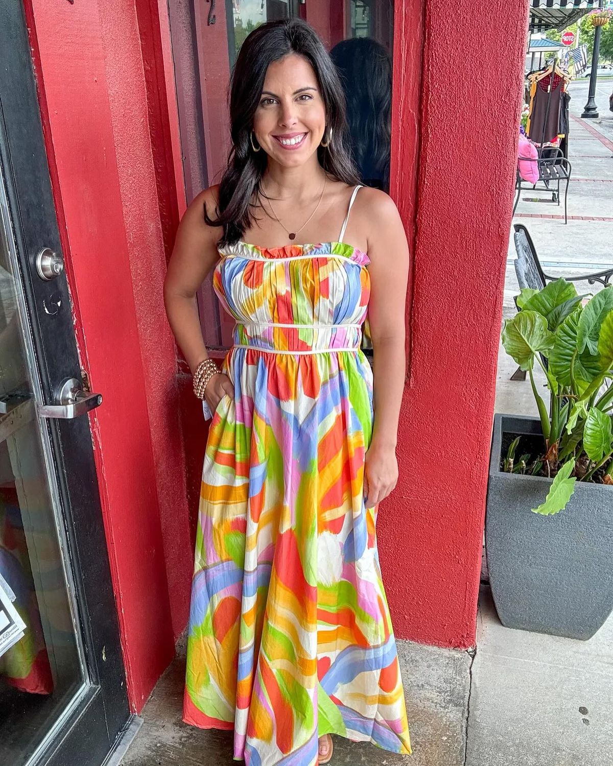 Lucky Day, Withle/Blue/Yellow Cotton Pleated Maxi Dress