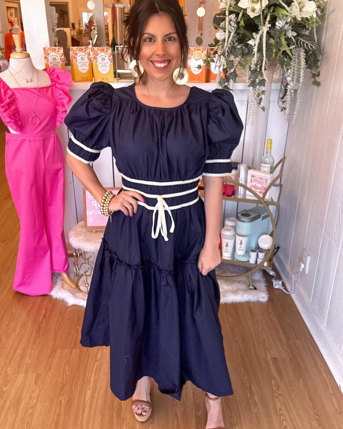 See You There, Navy Puff Sleeve Midi Dress