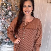 Call on Me, Camel Brushed Checkered Comfy Top