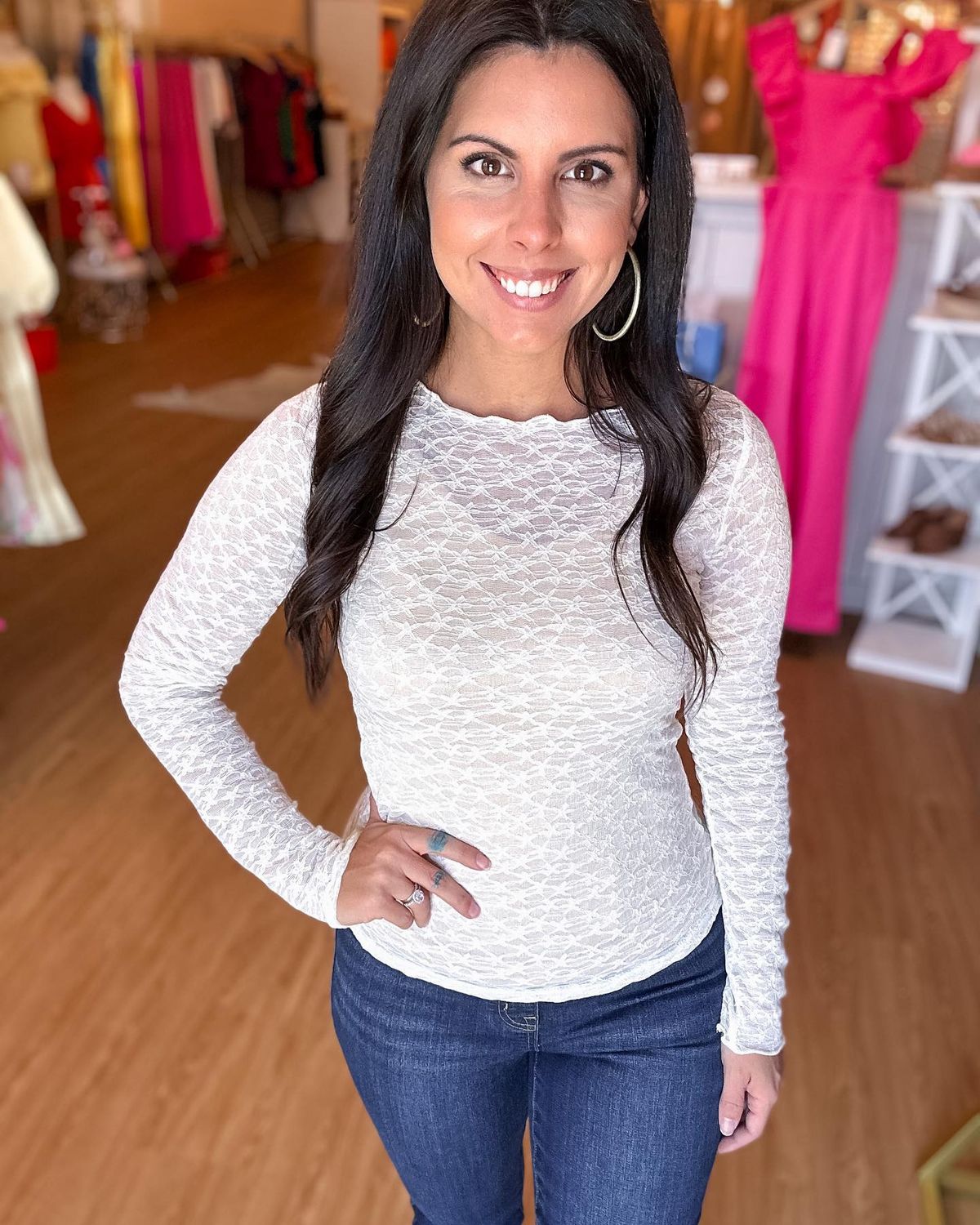Likes of You. Cream Lace Long Sleeve Top