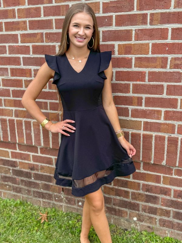 Keep You Close, Black Ruffled Sleeve Dress with Organza Hem