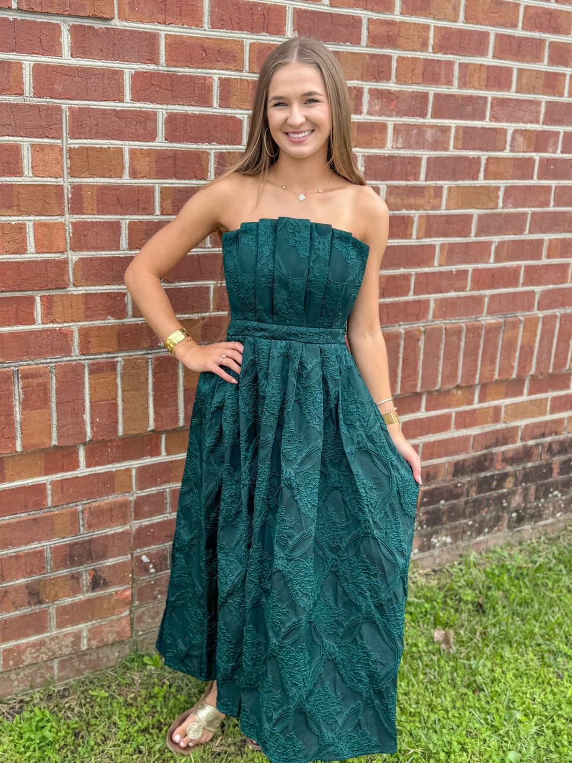 Hunter Green Textured Strapless Midi Dress