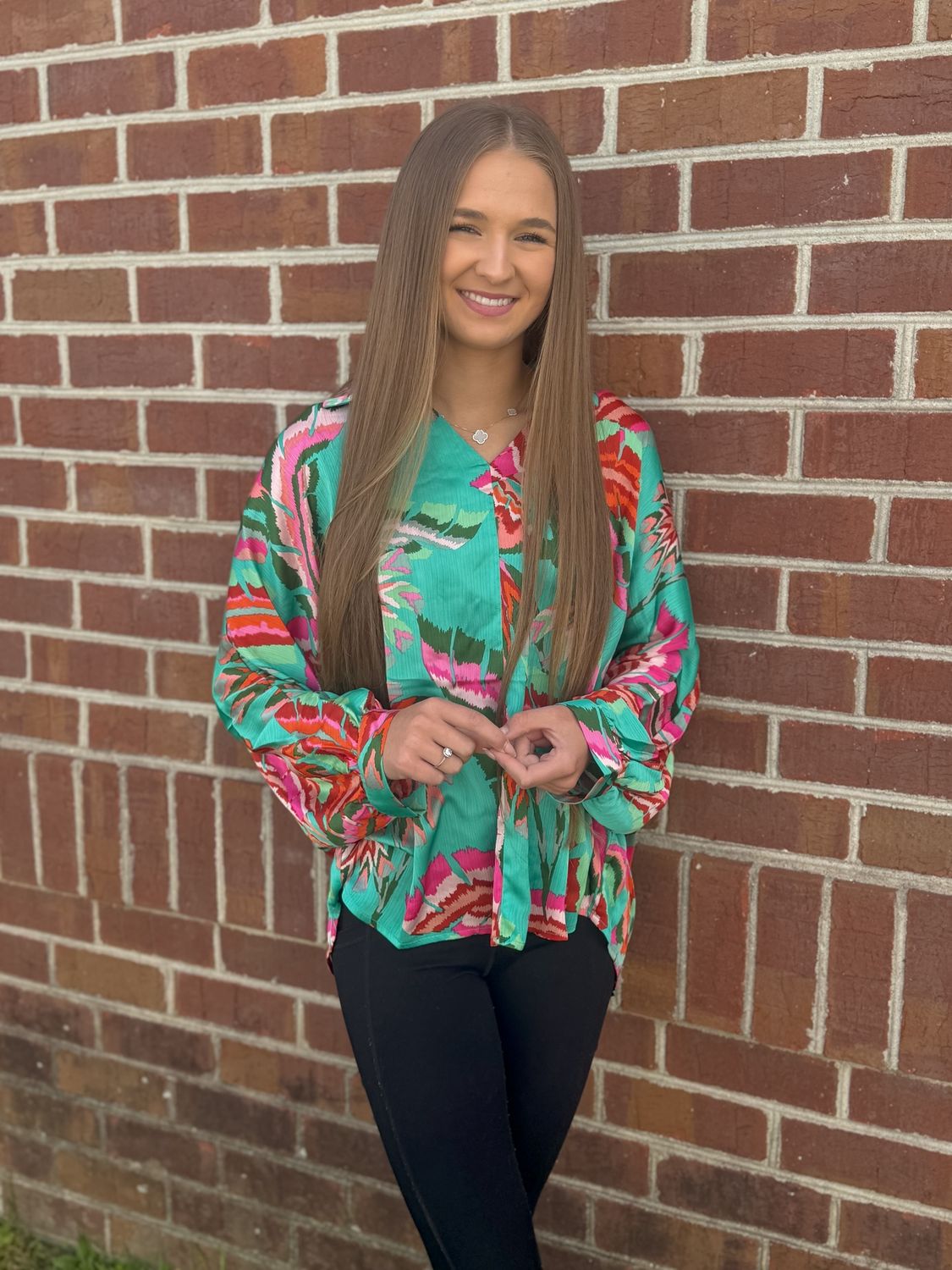 Seafoam Satin Printed Collared Blouse