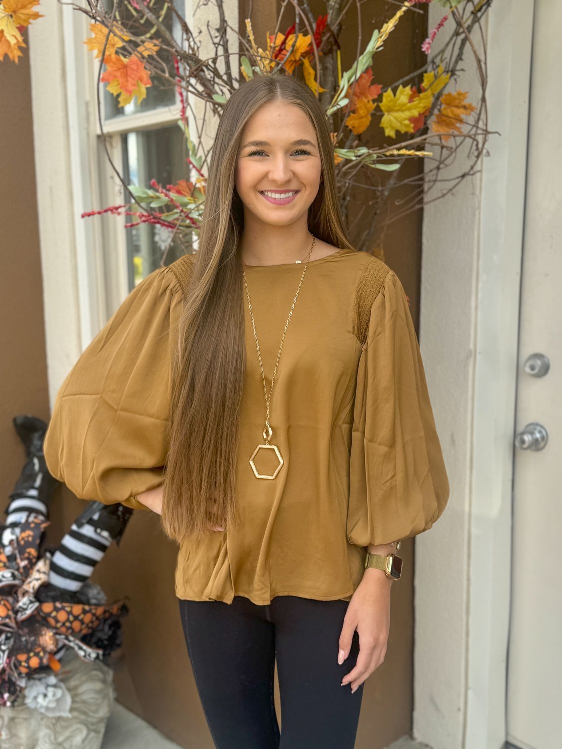Toffee Solid Balloon Sleeve Blouse