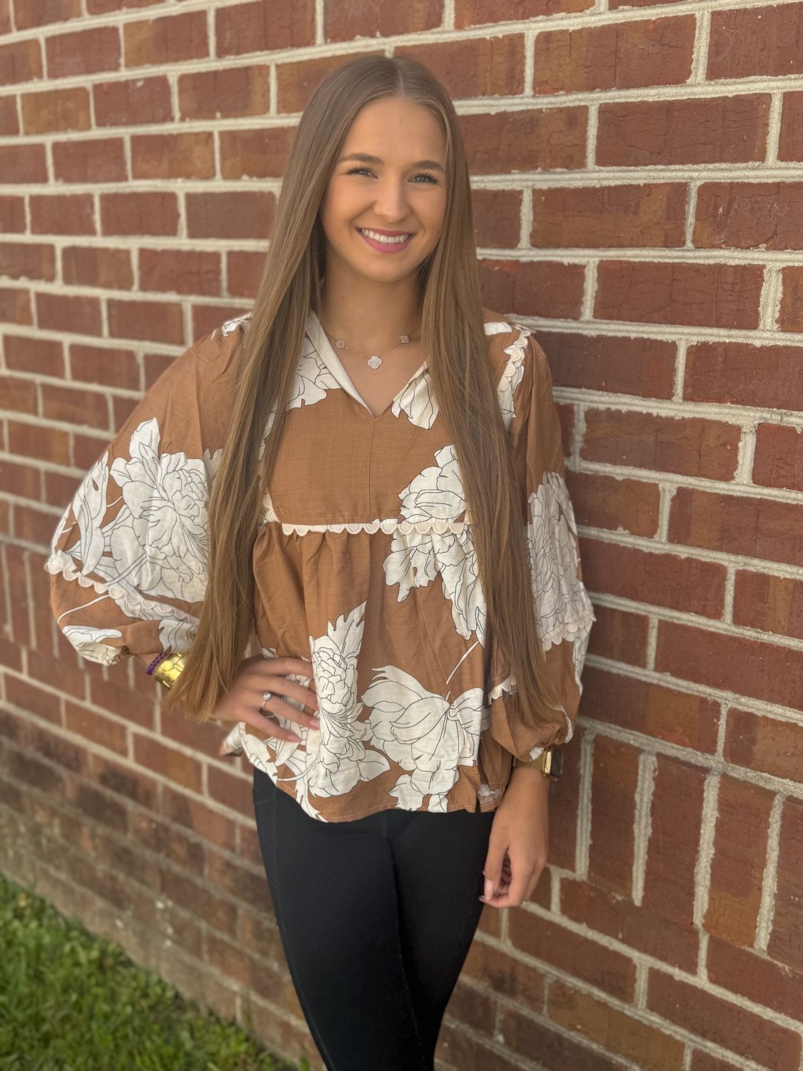 Camel Floral Babydoll Blouse