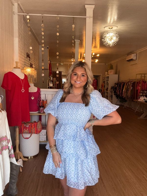 Blue Smocked Bubble Sleeve Mini Dress