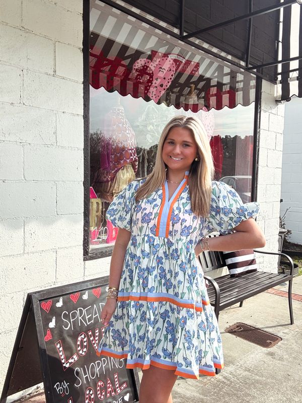 Secret Garden Trimmed In  Blue/Orange Tiered Dress