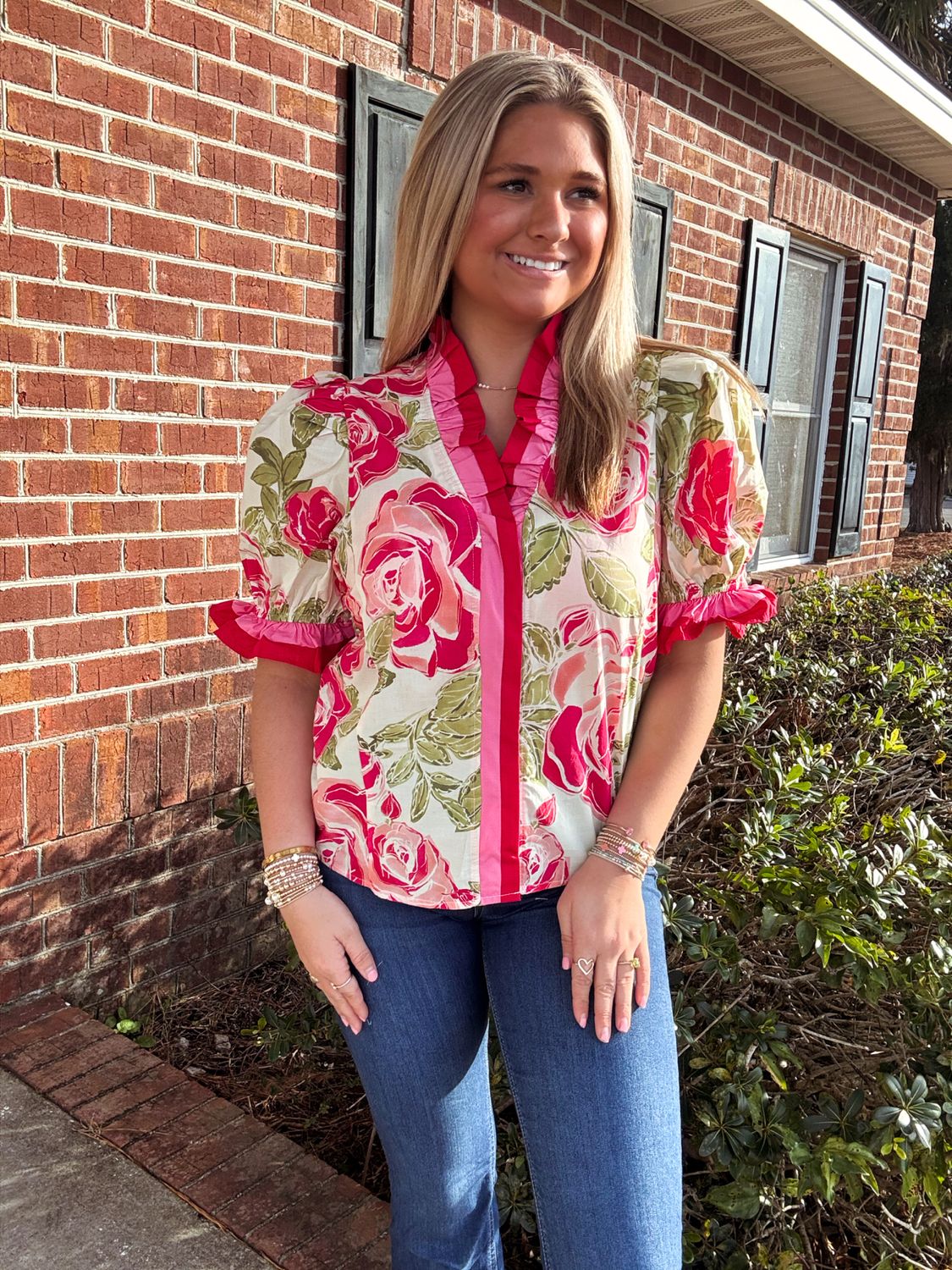 Give Me This Rose  With Ruffled V-Neck Top