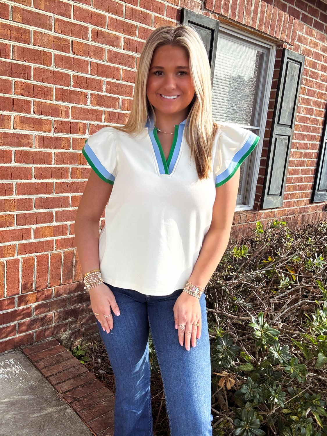 Cream V-Neck Collared Top Outlined In Blue/Green