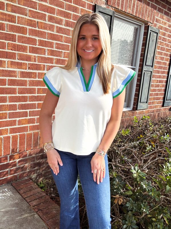 Cream V-Neck Collared Top Outlined In Blue/Green