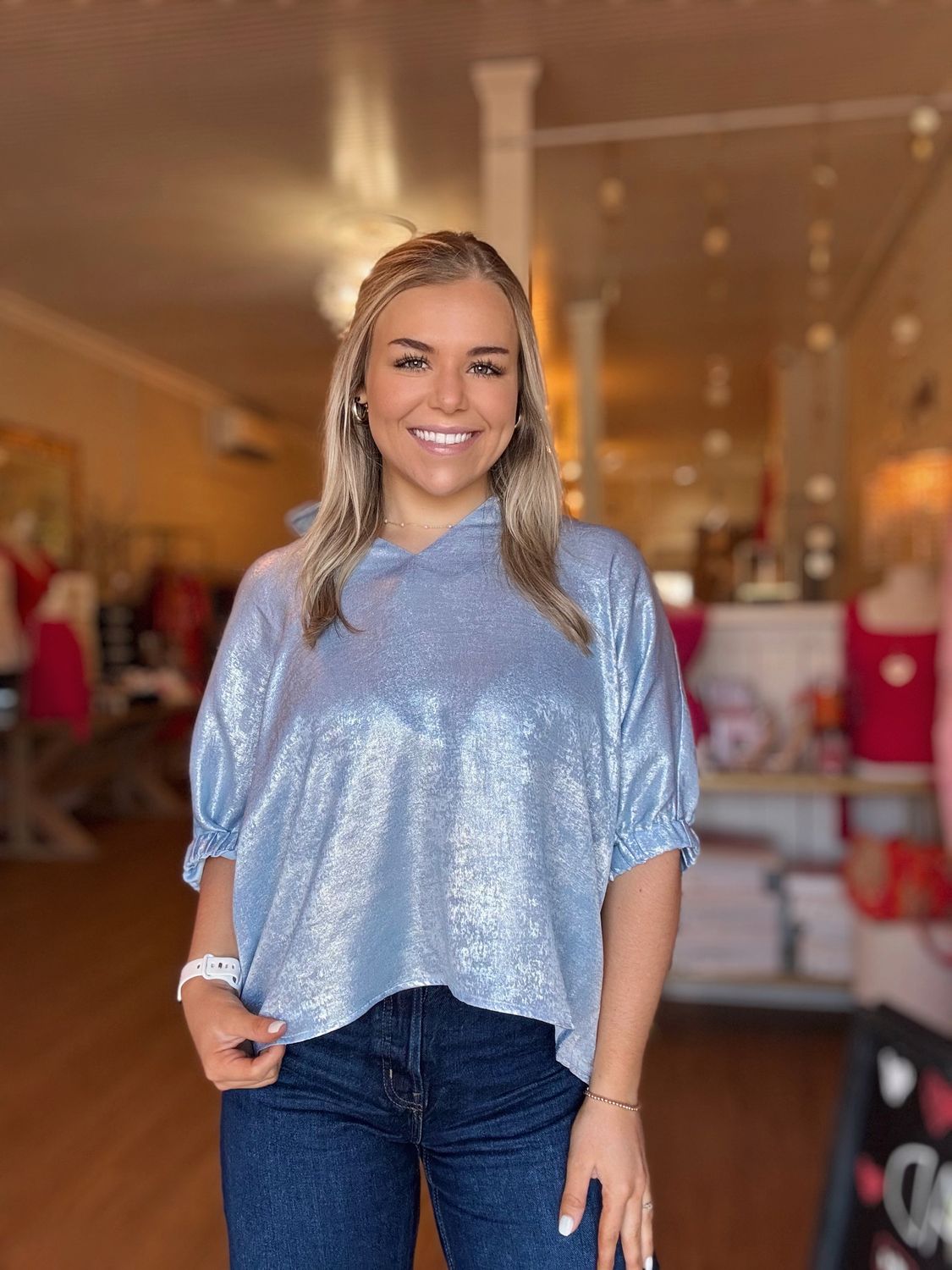Light blue sparkly half sleeve top