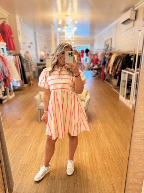 Cotton Stripes print baby doll dress with collared tied neck