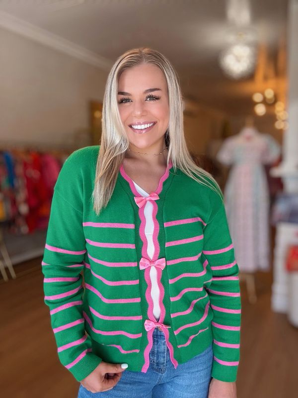 Green Sweater With Pink Stripes And Bow Details