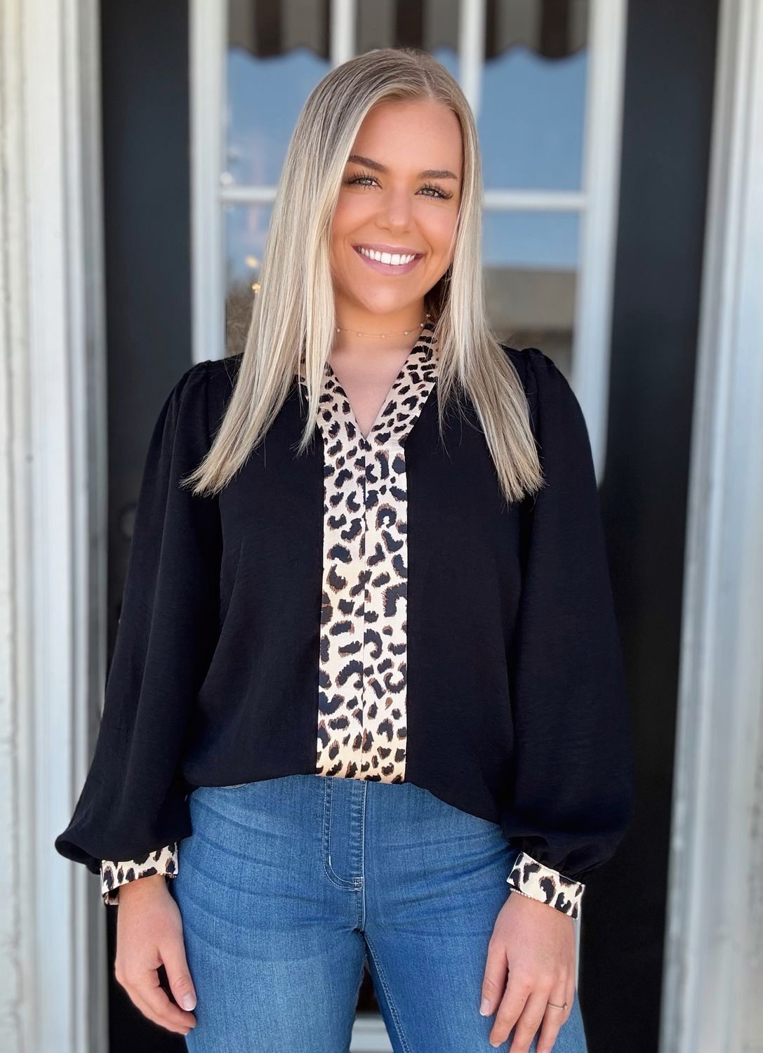 Black Blouse With Brown Leaopard Detailing