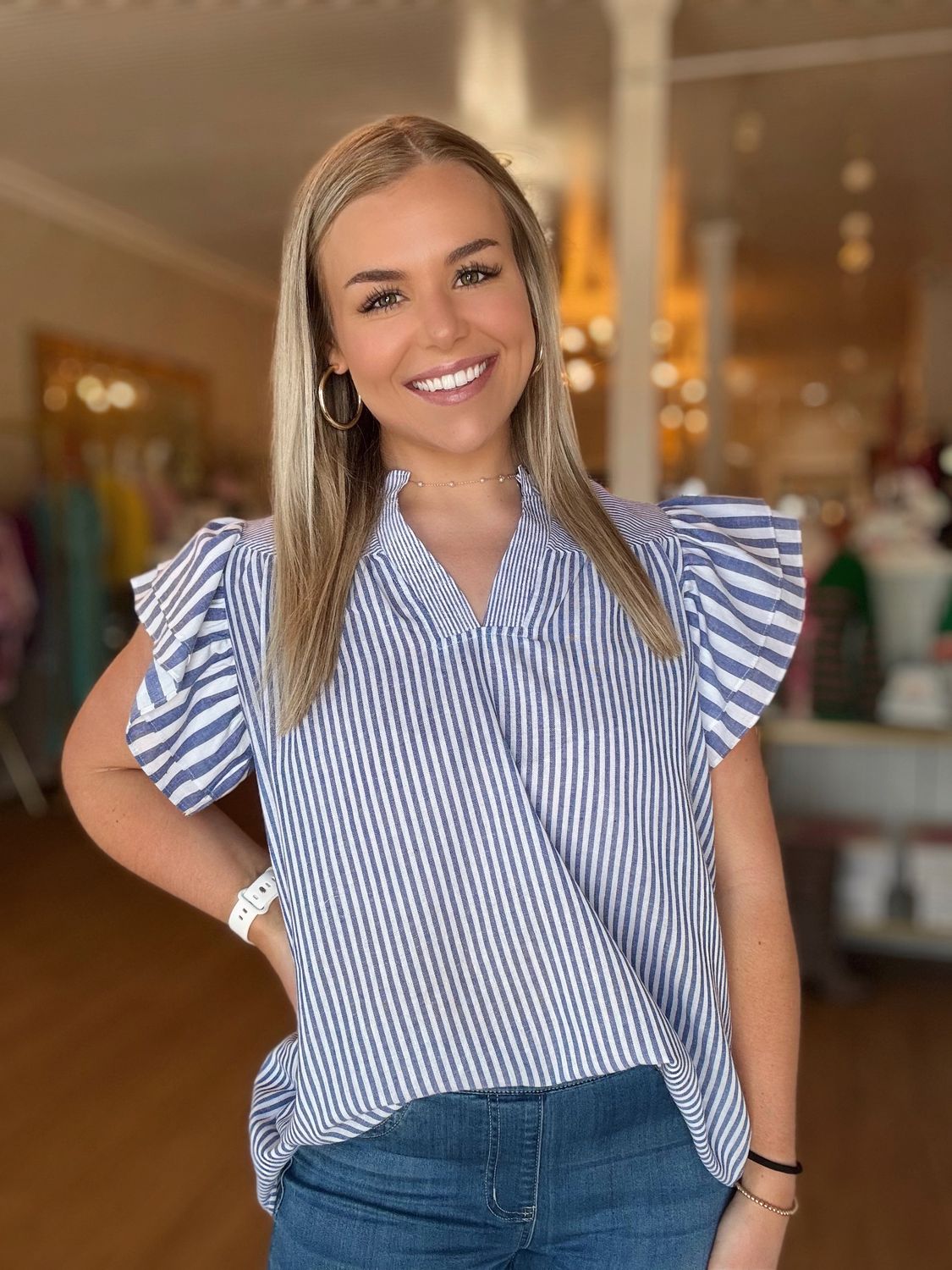 MULTI-STRIPED SPLIT NECK BLOUSE