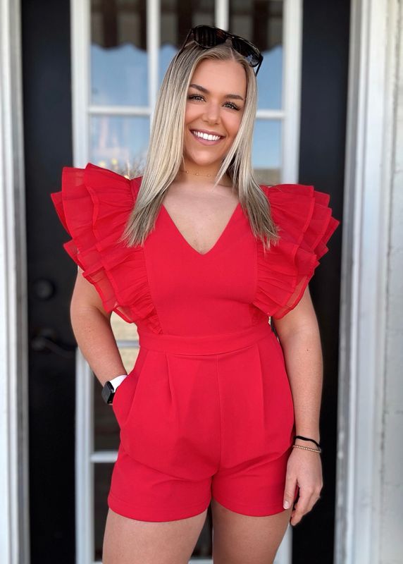 Perfectly Precious, Red V-Neck Ruffled Sleeve Romper