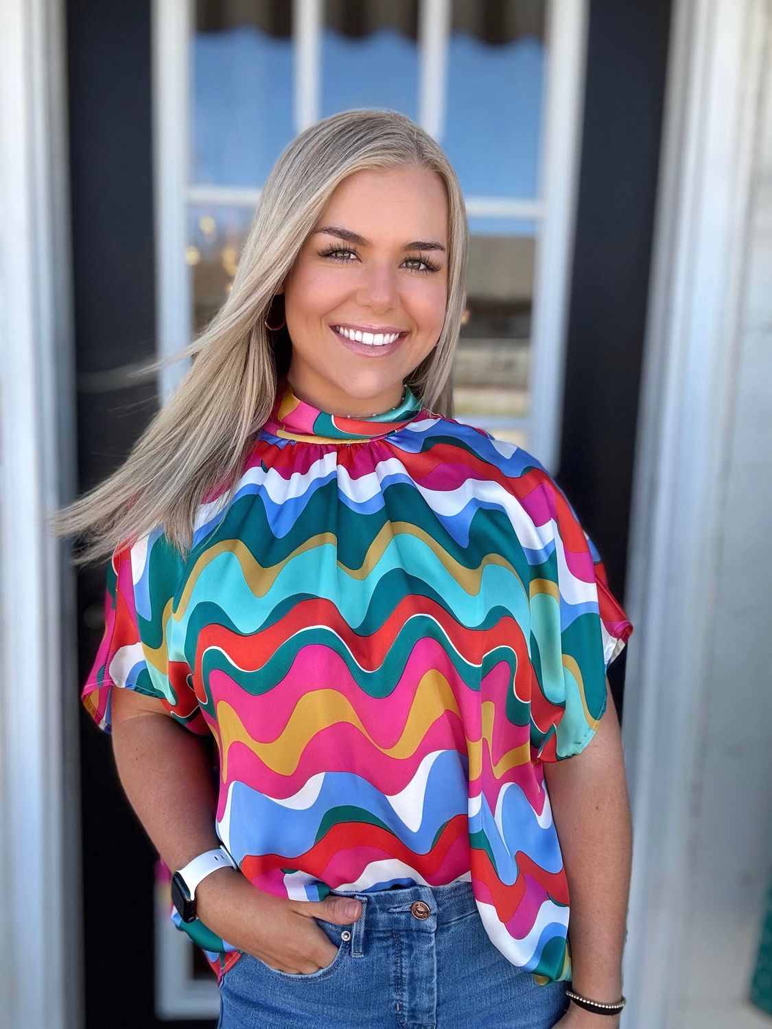 Meet Me in London, High Tie Neck Bubble Hem Top