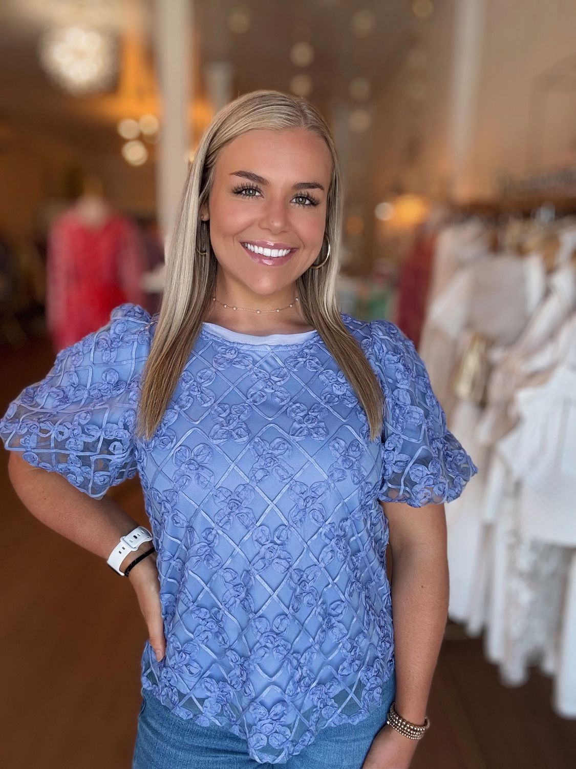 What&#39;s the Call, Blue 3D Print Bubble Sleeve Blouse