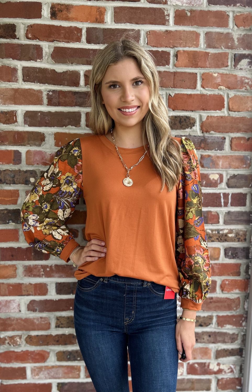 Its Fall Ya&#39;ll Rust Top With Floral Sleeve