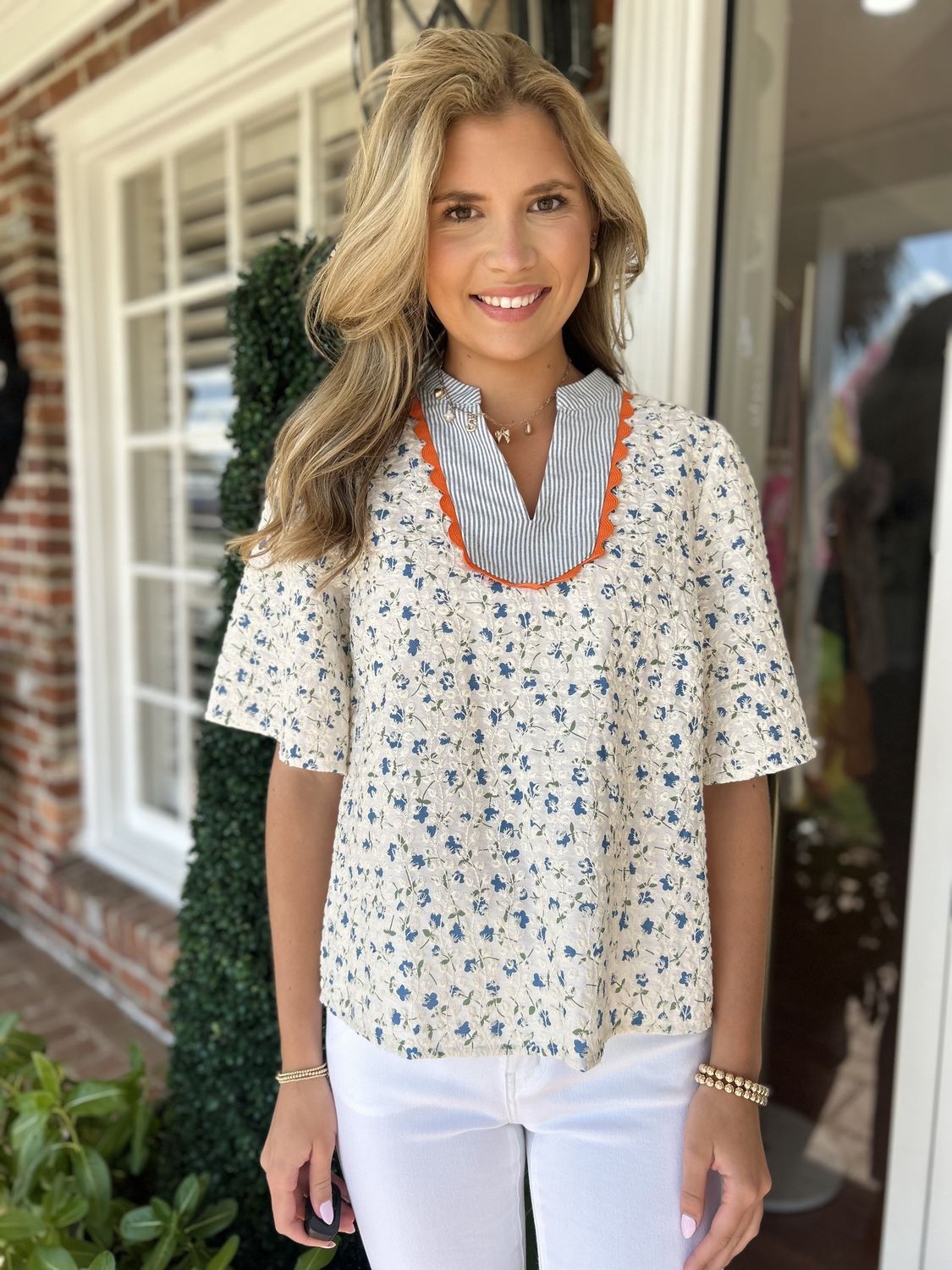 Floral Embroidered Striped Color Block Top