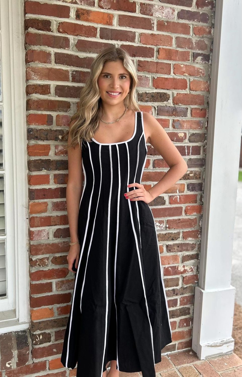 Linen Contrast Striped A-Lined Midi Dress